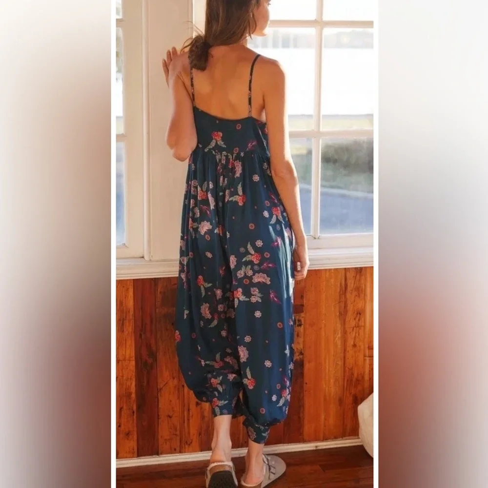 Anthropologie Navy Floral Spaghetti-Strap Jumpsuit - Picture 2 of 7